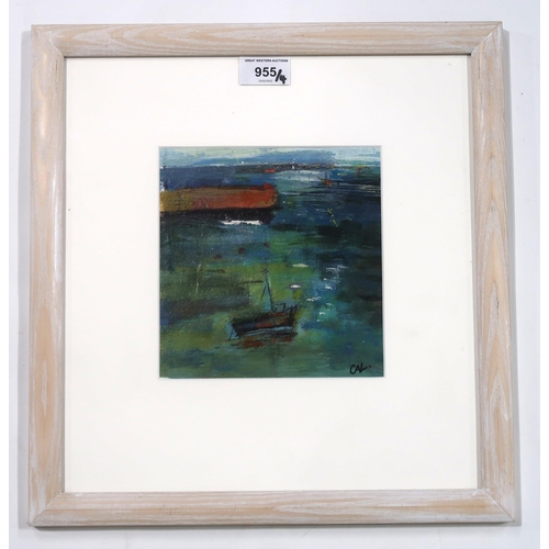 955 - CIARA LEWIS (IRISH CONTEMPORARY) BOATS IN THE SEAOil on paper, signed lower right, 17 x 17cm, t... 