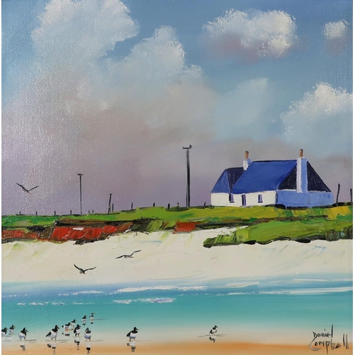 957 - DANIEL CAMPBELL (SCOTTISH b.1951)BEACH SCENE WITH GULLS AND COTTAGEOil on canvas, signed lower right... 