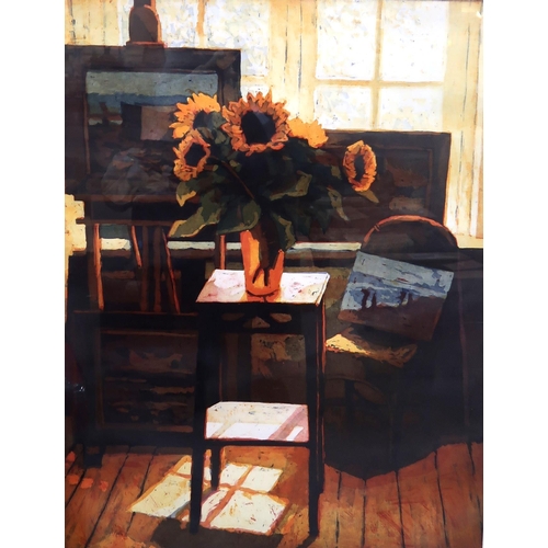 961 - MARCEL SCHELLEKENS (DUTCH CONTEMPORARY b.1954)SUNFLOWERS WITH EASEL IN DOMESTIC SETTINGEtching,... 