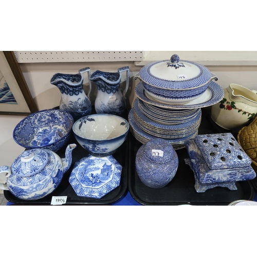 197 - A lot comprising a selection of blue and white transfer printed wares including a Royal Cauldon part... 