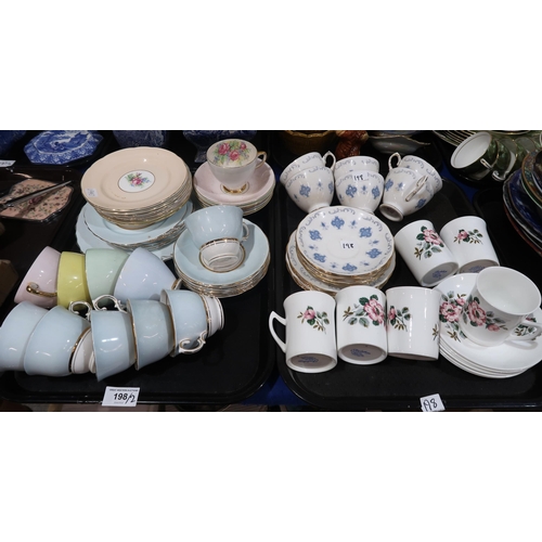 198 - A lot comprising a Colclough baby blue part tea/breakfast service, Old Royal China harlequin cups, s... 