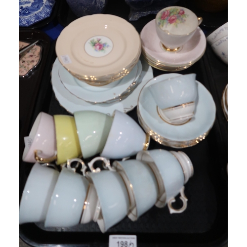 198 - A lot comprising a Colclough baby blue part tea/breakfast service, Old Royal China harlequin cups, s... 