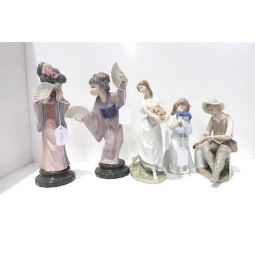 217 - Two Lladro Geishas, a girl holding flowers, a Nao girl holding a doll and another figure (5)