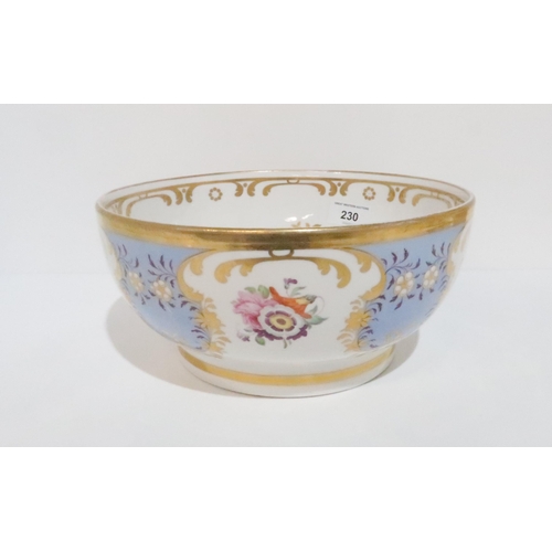 230 - An English porcelain bowl, the pale blue ground gilt decorated and hand painted with  floral sp... 