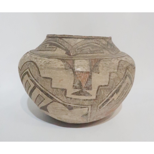 233 - **WITHDRAWN** A Pre-Columbian earthenware bowl, of bulbous form, painted with geometric shapes in bl... 