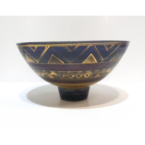 236 - A Mary Rich footed bowl with gilt decorated geometric lines on a dark purple ground, impressed mark ... 