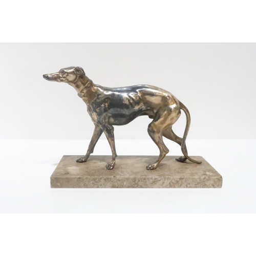 237A - A white metal model of a greyhound modelled in a naturalistic pose on a rectangular hardstone base