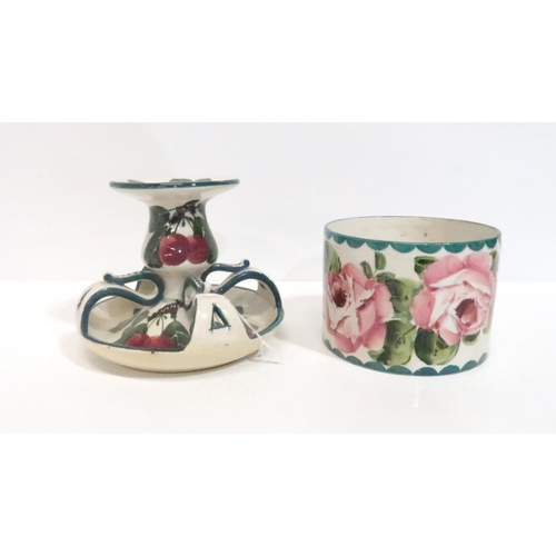 261 - A Wemyss cherry pattern candlestick, impressed and stamped mark, and a Wemyss cabbage rose pot, pain... 