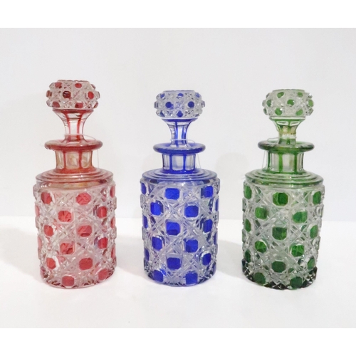 268 - Three flashed and hobnail cut glass scent bottles, possibly Baccarat