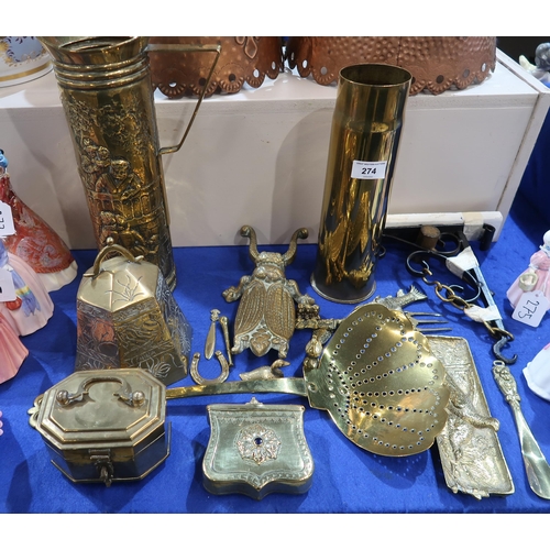 274 - A quantity of brassware including a chased pitcher, a brass wall mounting bell etc