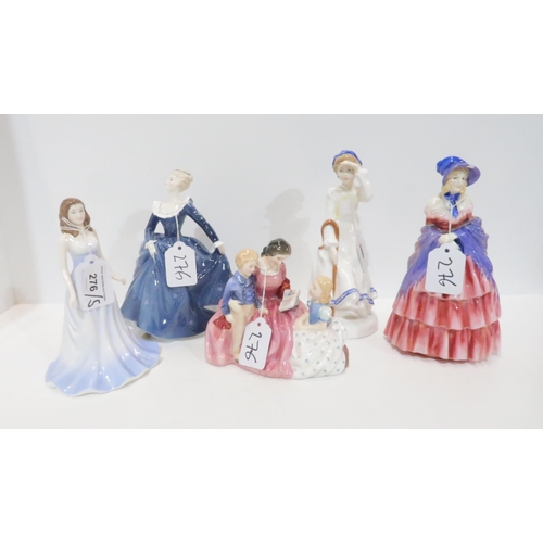 276 - Royal Doulton figures Bedtime Story, A Victorian Lady, Fragrance, Little Bo-Peep, Diamond