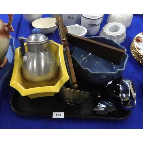 285 - A Shorter & Sons yellow glazed planter, a blue glazed fruit bowl, a Dynohub car/bike lantern, tw... 