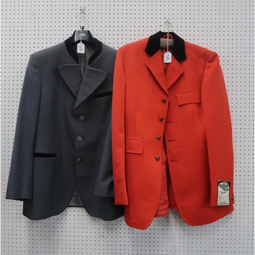 302 - A red hunting jacket, another grey jacket a double breasted military jacket& a kilt jacket and w... 