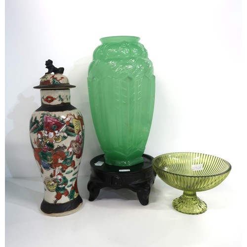 296A - an Art Deco moulded green glass vase, a ribbed green glass comport, a Chinese crackleware jar,  a ha... 