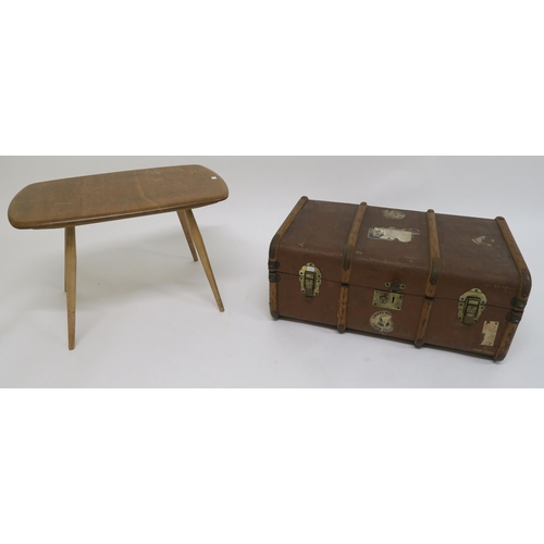 102 - A mid 20th century elm and beech Ercol occasional table and a wood bound travel trunk (2)