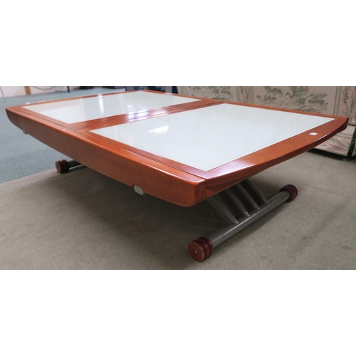 108 - A modern stained teak and glass topped metamorphic dining/coffee table with tambour extending top, 8... 