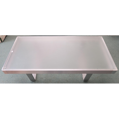 112 - A modern aluminium and glass topped coffee table, 35cm high x 130cm long x 65cm deep 