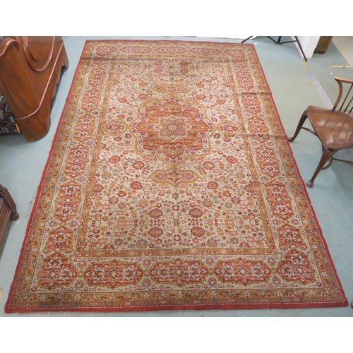 120 - A 20th century beige ground Axminster style rug with a red central medallion and border, 356cm long ... 