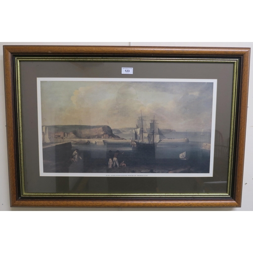 123 - A framed print of H.M.S Endeavour leaving Whitby by Thomas Luny