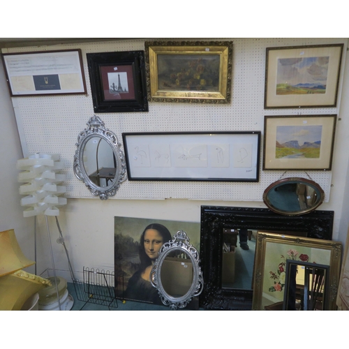 130 - A large mixed lot comprising framed prints, wall mirror, modern standard lamp and an atomic style ma... 