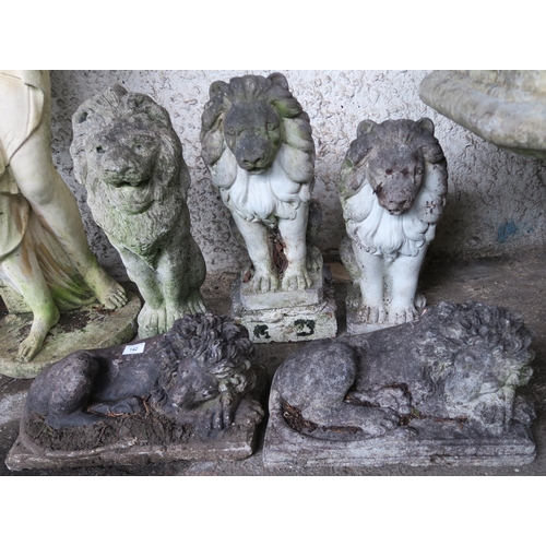 142 - A lot of five assorted reconstituted stone garden lions (5)