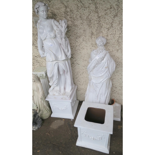 145 - A pair of large ceramic garden statues of ladies on plinth bases, 187cm high (one def) (2)