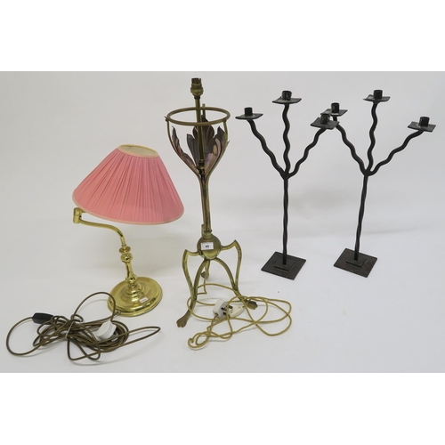 45 - A brass and copper arts and crafts style table lamp, two three branch candelabrum and a contemporary... 