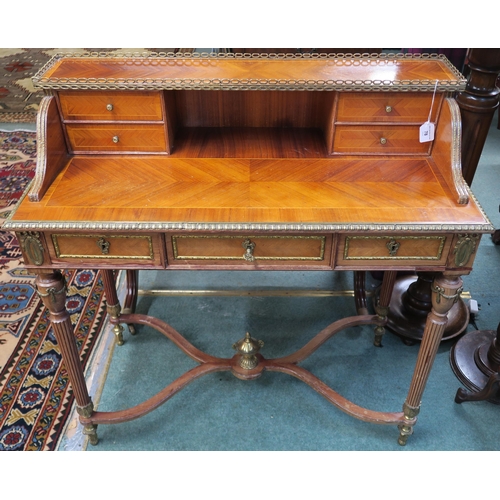 78 - A modern reproduction continental style writing desk on fluted stretchered supports, 95cm high x 94c... 