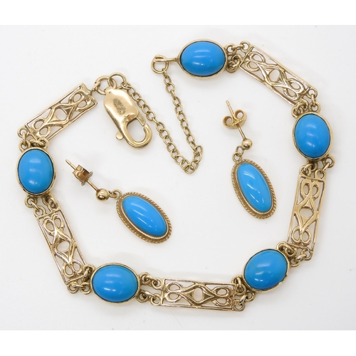 522 - A 9ct gold turquoise set bracelet with similar earrings, length of bracelet 20cm, weight together 14... 