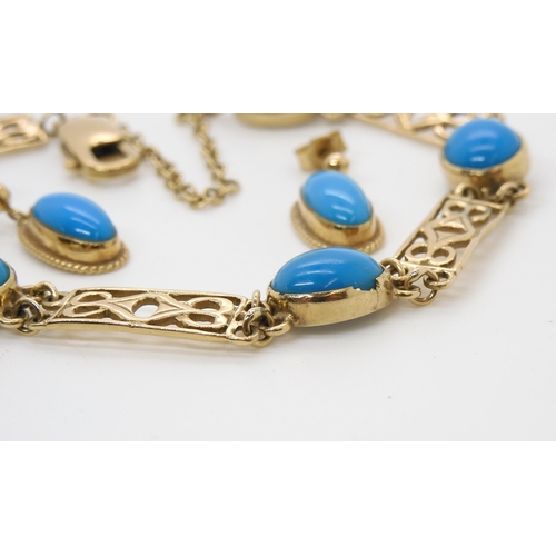 522 - A 9ct gold turquoise set bracelet with similar earrings, length of bracelet 20cm, weight together 14... 