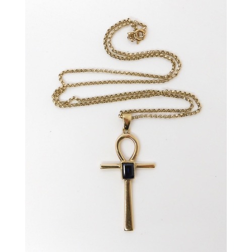 532 - A 9ct gold sapphire set ankh pendant length 5cm x 2.3cm, with 9ct chain, length 46cm, weight togethe... 