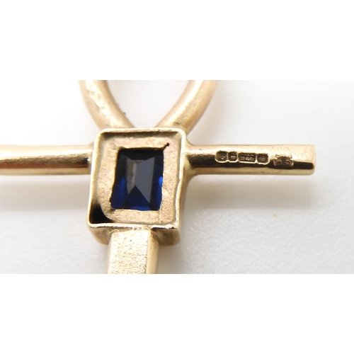 532 - A 9ct gold sapphire set ankh pendant length 5cm x 2.3cm, with 9ct chain, length 46cm, weight togethe... 