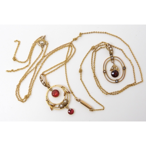 535 - Two 9ct Edwardian pendants set with red gems and pearls both with yellow metal chains (af) weight co... 