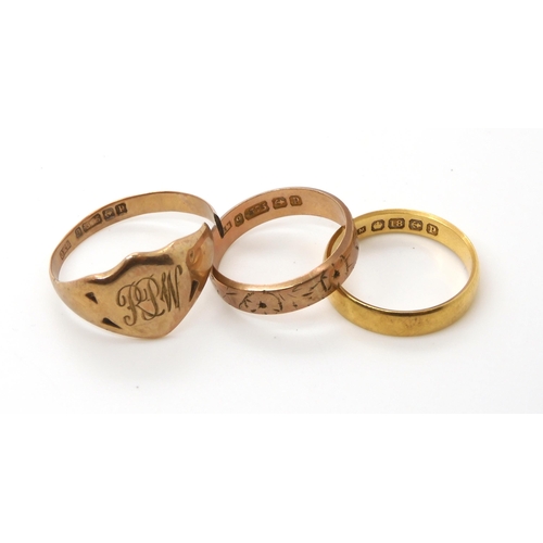 539 - An 18ct gold wedding ring hallmarked Birmingham 1864 weight 3.4gms, size O1/2, together with a 9ct r... 