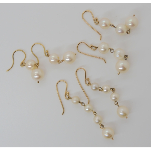 540 - *WITHDRAWN* Three pairs of pearl drop earrings with yellow metal mounts, weight combined 9.6gms... 