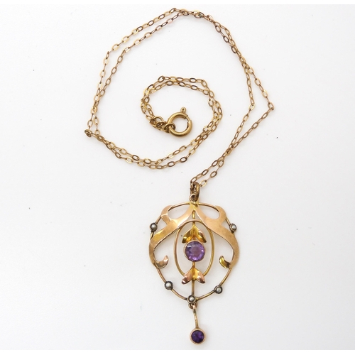 544 - A yellow metal Edwardian amethyst and pearl pendant with 9ct chain, weight together 2.8gms