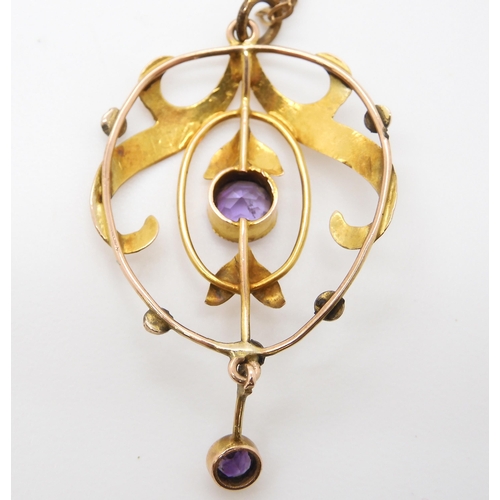 544 - A yellow metal Edwardian amethyst and pearl pendant with 9ct chain, weight together 2.8gms