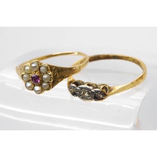 546 - An 18ct gold three illusion set diamond ring, size R1/2, and a bright yellow metal ruby and pearl ri... 