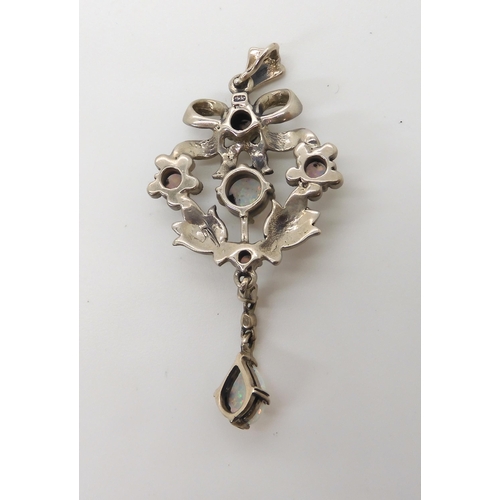 548 - A silver Victorian style imitation opal and marcasite pendant 7.4cm x 3.2cm, weight 11.2gms