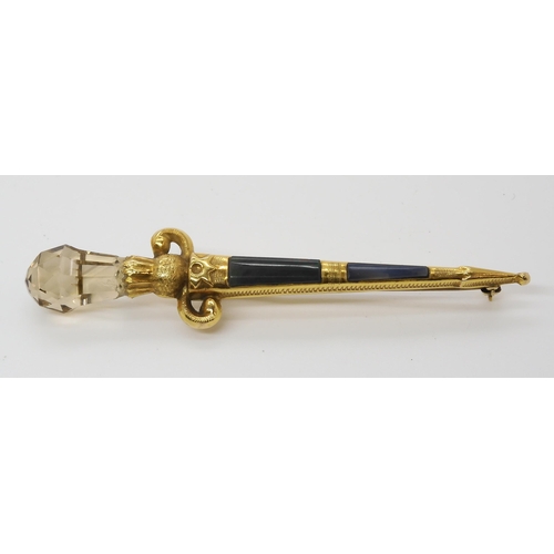 550 - A 9ct gold Robert Allison sword brooch set with agate and citrine, length 8.2cm, weight 8.1gms