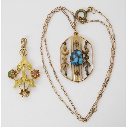 554 - Two Edwardian pendants, a 9ct turquoise set example with yellow metal chain and a bright yellow meta... 