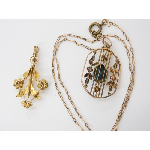 554 - Two Edwardian pendants, a 9ct turquoise set example with yellow metal chain and a bright yellow meta... 