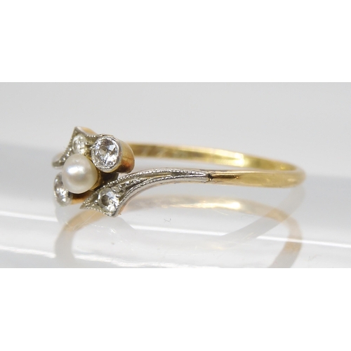 556 - A bright yellow and white metal pearl and diamond vintage ring, the inscription to the inner shank d... 