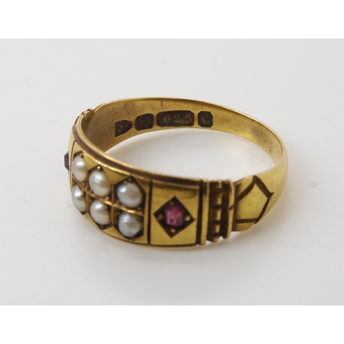 559 - A 15ct gold pearl and ruby ring, hallmarked Chester 1886, finger size N, weight 2.8gms