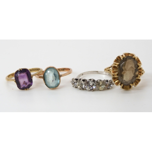 574 - A 9ct smoky quartz ring size N1/2, blue gem ring O1/2, purple gem N1/2, weight combined 9.1gms, and ... 