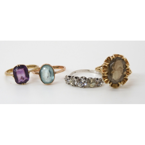 574 - A 9ct smoky quartz ring size N1/2, blue gem ring O1/2, purple gem N1/2, weight combined 9.1gms, and ... 