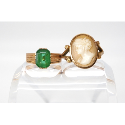 578 - A 9ct gold cameo ring size approx R weight 3.4gms, and a 14k gold green glass set ring size R weight... 