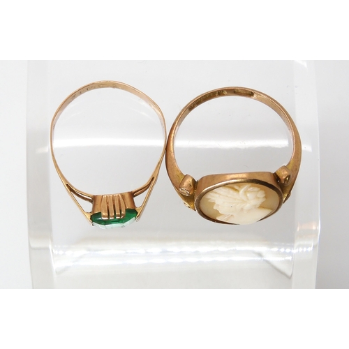 578 - A 9ct gold cameo ring size approx R weight 3.4gms, and a 14k gold green glass set ring size R weight... 