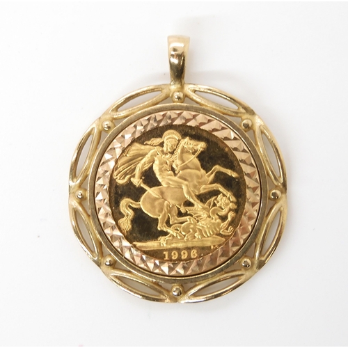 580 - A 1996, gold full sovereign in 9ct gold pendant mount, weight 13.2gms