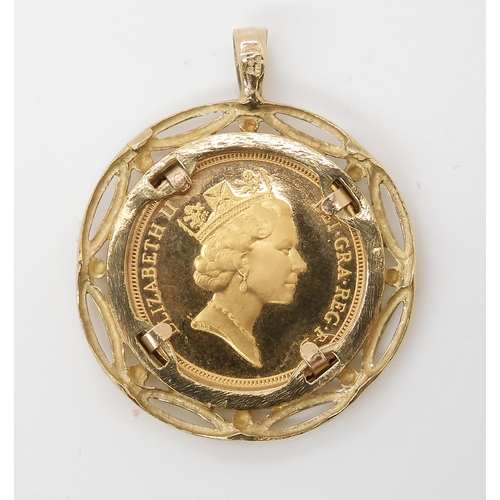 580 - A 1996, gold full sovereign in 9ct gold pendant mount, weight 13.2gms